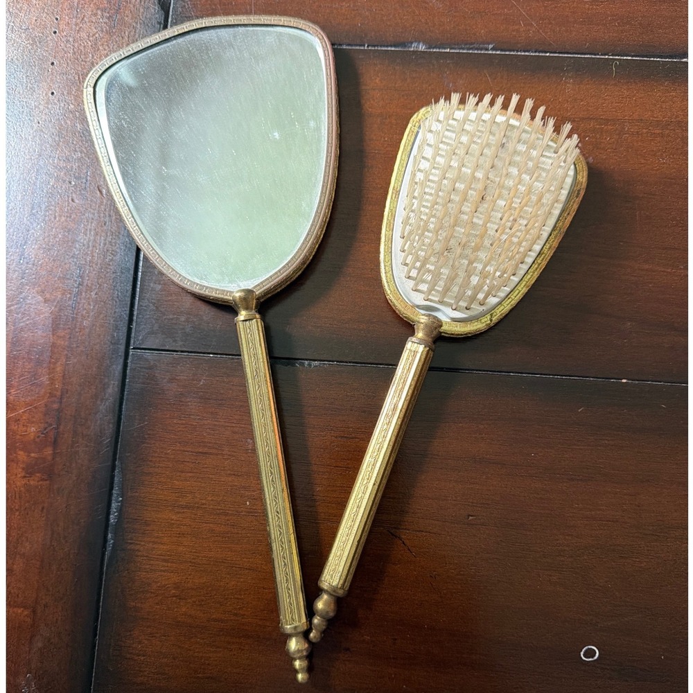 Vintage Gold Tone Vanity Set Hand Mirror and Brush Fleur De Lis Floral Damask